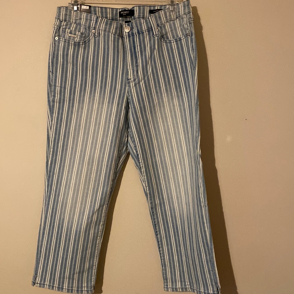 NWT Women’s Nine West striped capris chrystie cropped denim jeans blue white 10